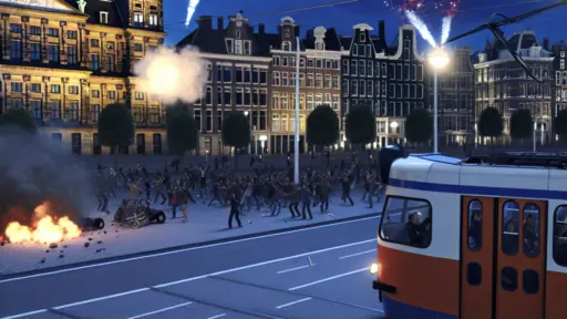 Op maandagavond 11 november zorgde een grote groep mensen voor onrust op Plein 40-45 in Amsterdam Nieuw-West, met als gevolg een brand in een tram veroorzaakt door vuurwerk.